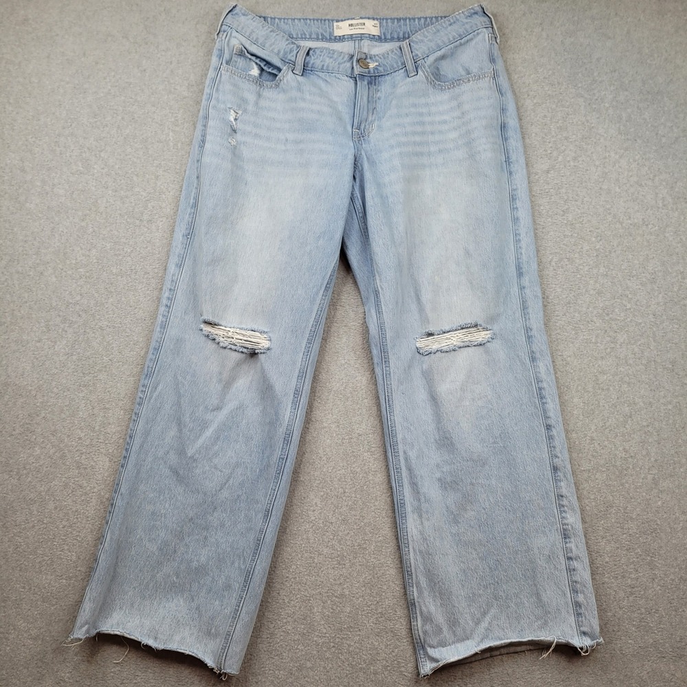 Hollister Low-Rise Baggy Jeans Womens 12R 31x29 Light Blue Distressed Raw Hem